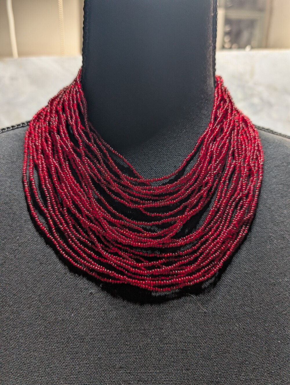 Multi-Strand Red Glass Seed Bead Choker Style Necklace adjustable Christmas